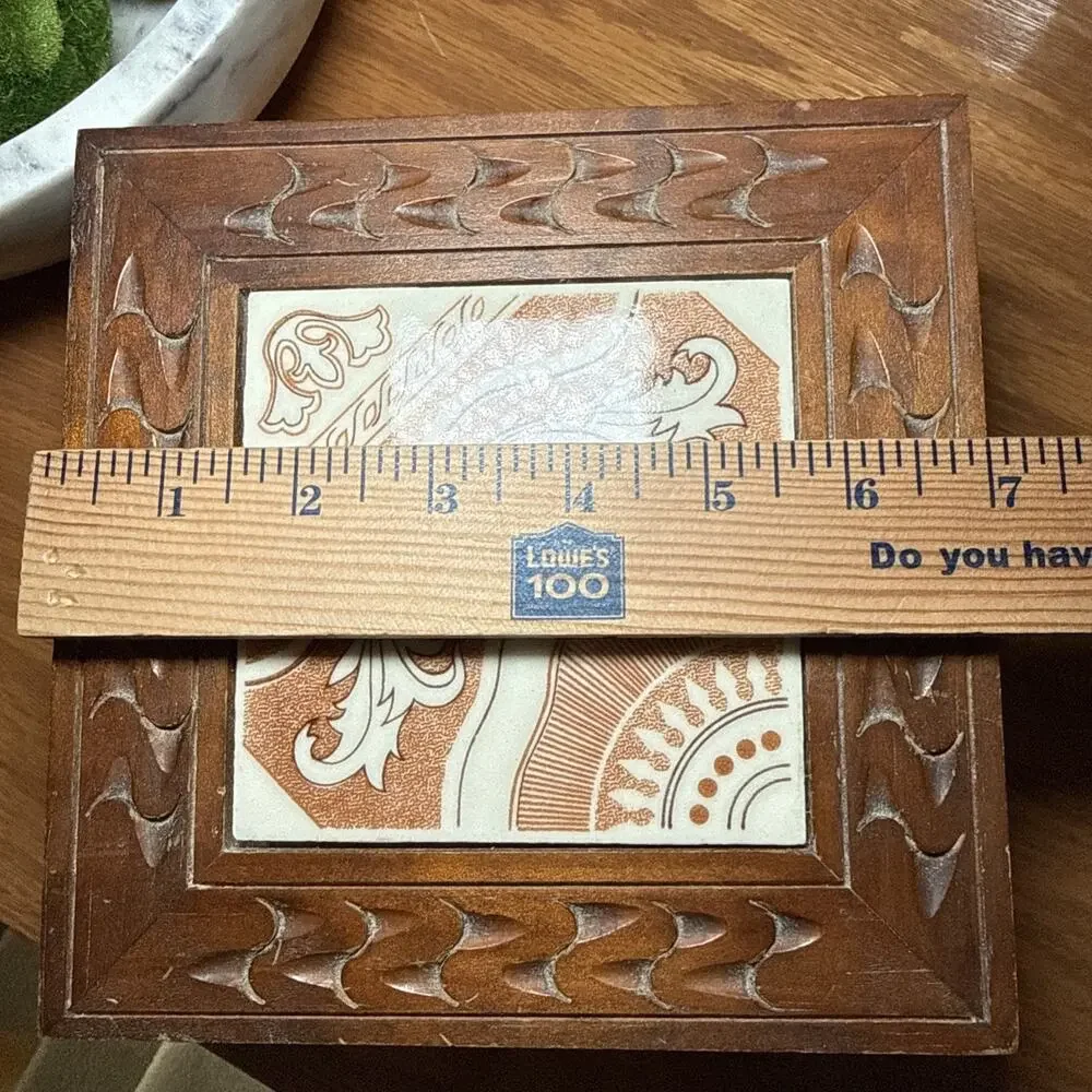 Vintage Carved Wood Tile Top Box Boho Jewelry Keepsake Rustic Decor 7x7x3.25